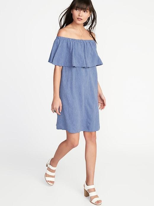 Old Navy Womens Off-the-shoulder Linen-blend Shift Dress For Women Blue Stripe Size Xxl