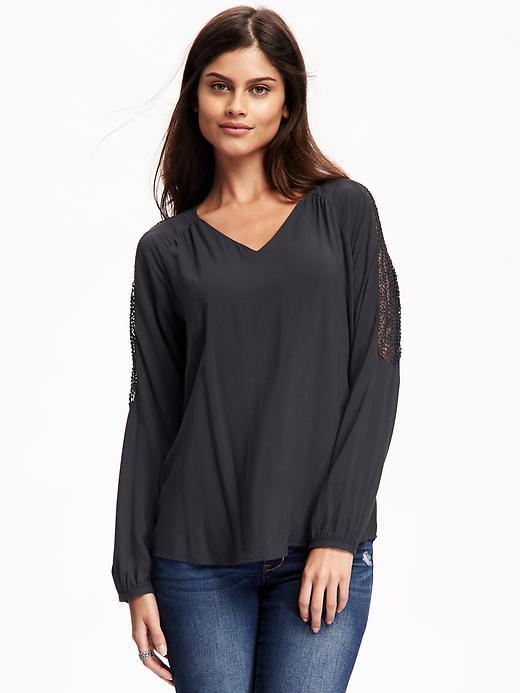 Old Navy Lace Trim V Neck Blouse For Women - Carbon