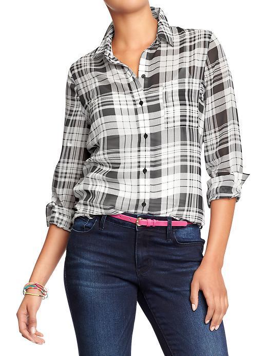 Old Navy Womens Plaid Chiffon Shirts - Black Plaid