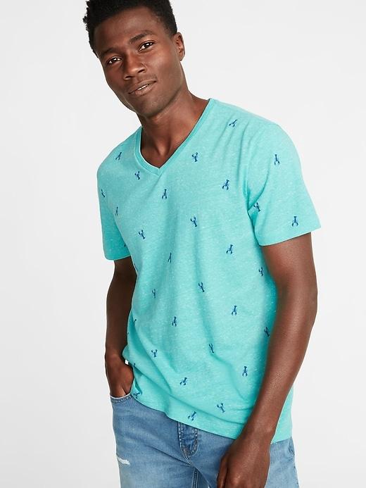 Slub-knit Lobster-print V-neck Tee For Men