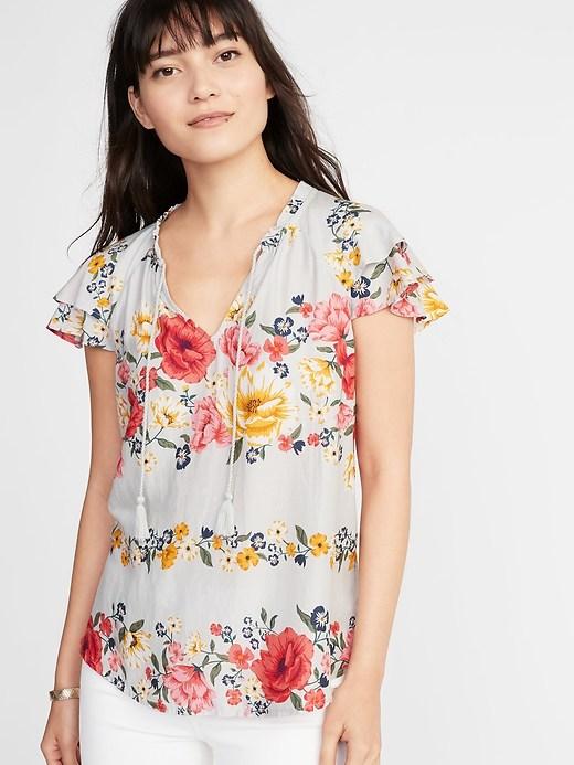 Old Navy Womens Relaxed Lightweight Ruffle-trim Top For Women Pink Floral Size Xs