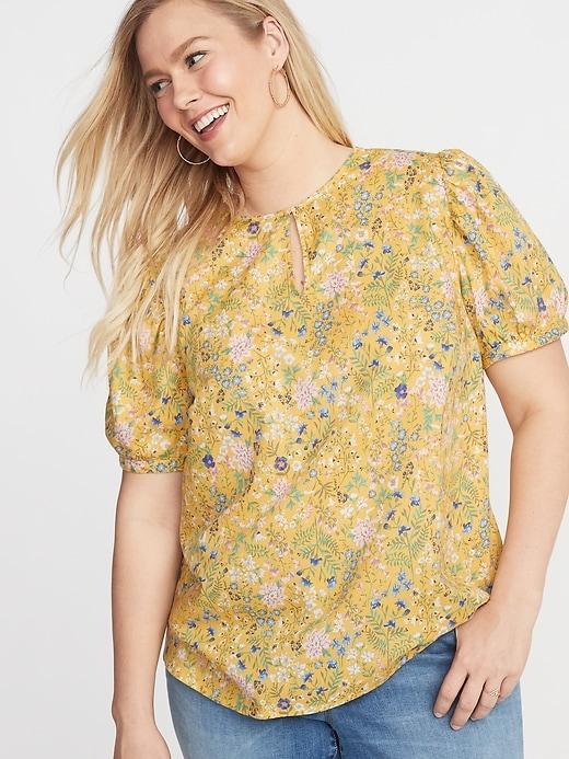 Floral Twill Plus-size Puff-sleeve Blouse