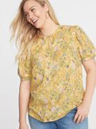 Floral Twill Plus-size Puff-sleeve Blouse