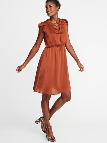 Old Navy Womens Waist-defined Crinkle-chiffon Ruffle-sleeve Dress For Women Burnished Ginger Size M