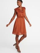 Old Navy Womens Waist-defined Crinkle-chiffon Ruffle-sleeve Dress For Women Burnished Ginger Size M