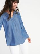 Old Navy Womens Relaxed Tie-neck Tencel Top For Women Chambray Blue Size L