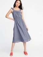 Old Navy Womens Waist-defined Ruffle-trim Midi Dress For Women Lost At Sea Navy Size L