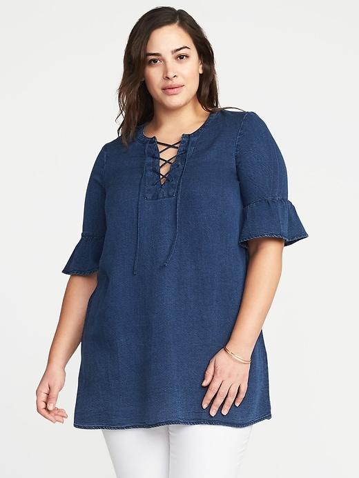 Old Navy Womens Lace-up-yoke Plus-size Tencel Top Ocean Blue Size 1x