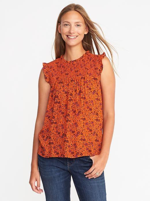 Old Navy Smocked Yoke Sleeveless Swing Top For Women - Orange Glow Print