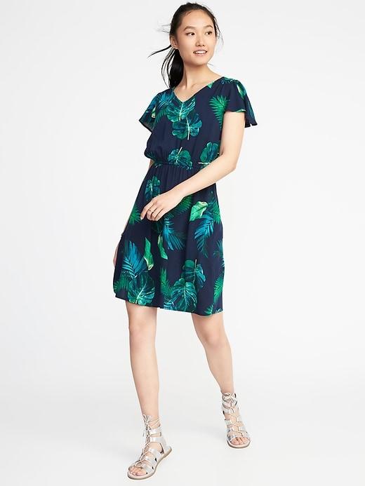 Old Navy Womens Waist-defined V-neck Dress For Women Green Palm Leaf Size L