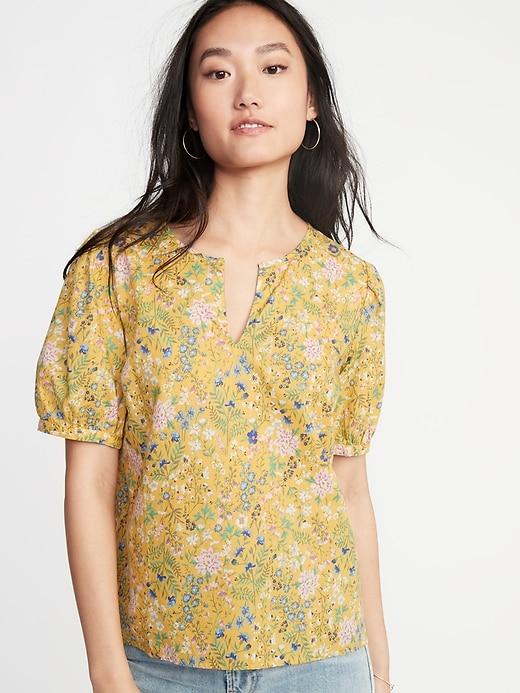 Floral Twill Puff-sleeve Blouse For Women