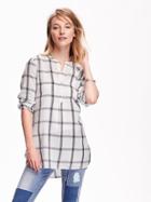 Old Navy Plaid Mandarin Collared Tunic Size S Tall - White Plaid