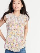 Floral-print Smocked-yoke Flutter-sleeve Blouse For Women