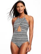 Old Navy Wrap Front Halter Swimsuit For Women - Black Geo