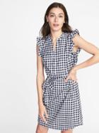 Old Navy Womens Sleeveless Ruffle-trim Tie-belt Shirt Dress For Women Blue Gingham Size S