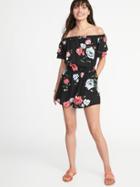Old Navy Womens Waist-defined Tiered-sleeve Romper For Women Black Floral Size M