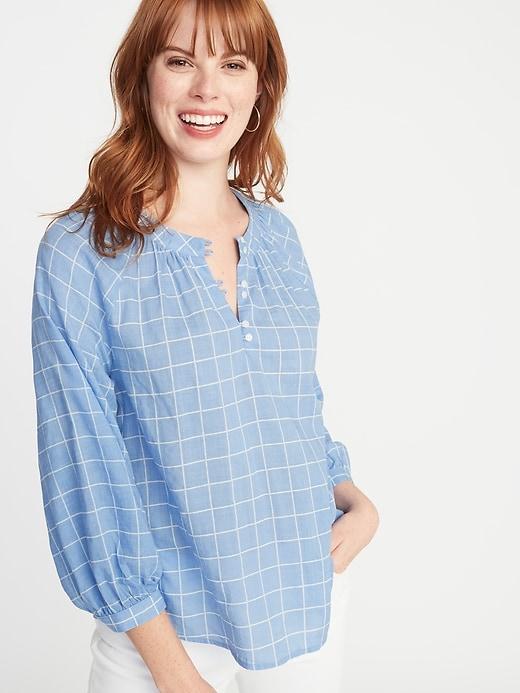 Dobby-print Balloon-sleeve Blouse For Women