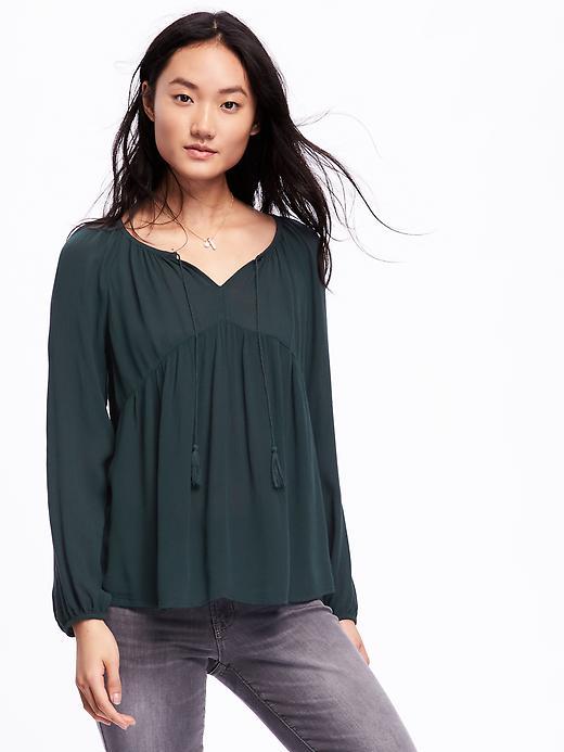 Old Navy Split Neck Tassel Tie Blouse For Women - Glorious Pine