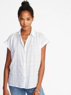 Old Navy Womens Relaxed Dobby-windowpane Button-front Top For Women Calla Lilies Size M