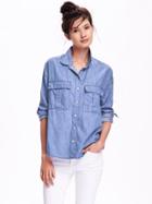 Old Navy Boyfriend Chambray Shirt For Women - Mid Tone Chambray