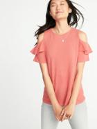 Old Navy Womens Relaxed Linen-blend Cold-shoulder Top For Women Coral Obligation Size Xs