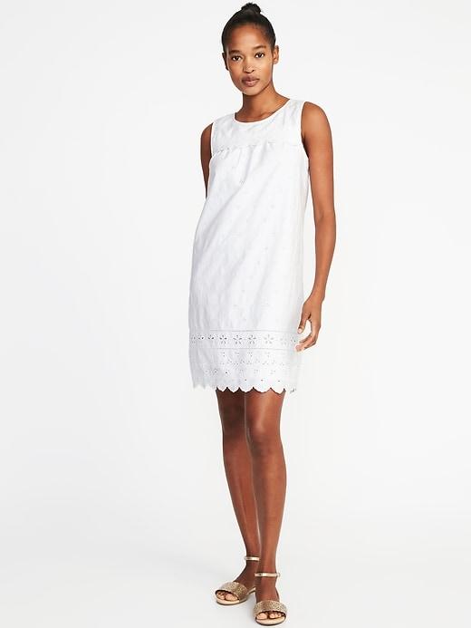 Old Navy Womens Scalloped-yoke Eyelet Shift Dress For Women Bright White Size L
