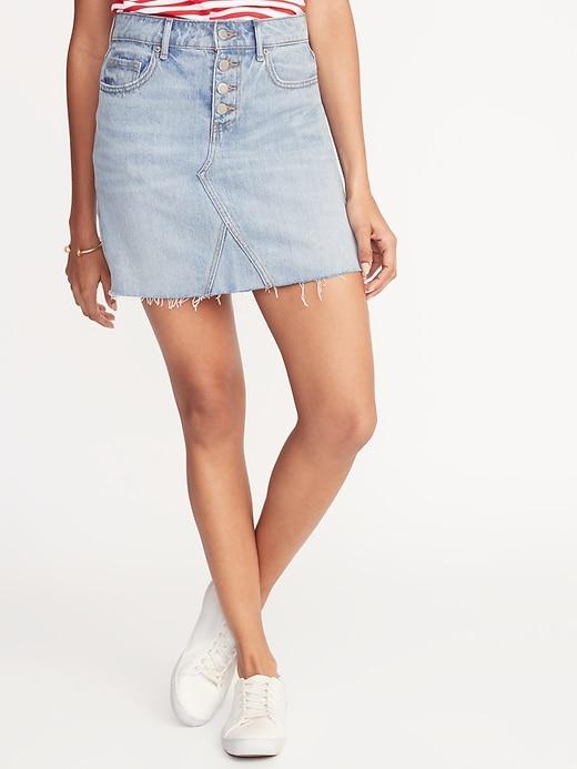 High-rise Button-fly Raw-edge Denim Skirt For Women
