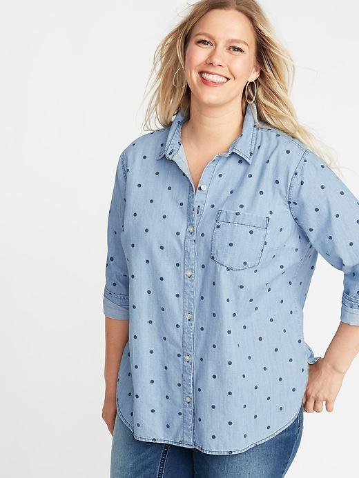 Polka-dot Chambray No-peek Plus-size Shirt