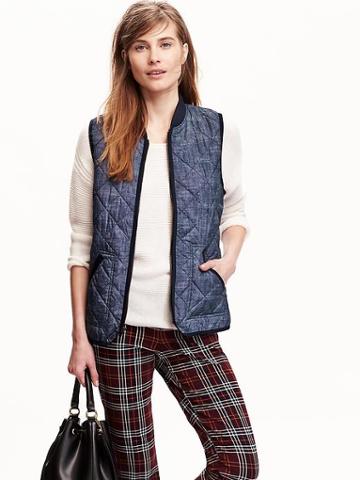 Old Navy Womens Quilted Zip Vest Size M Petite - Chambray Print