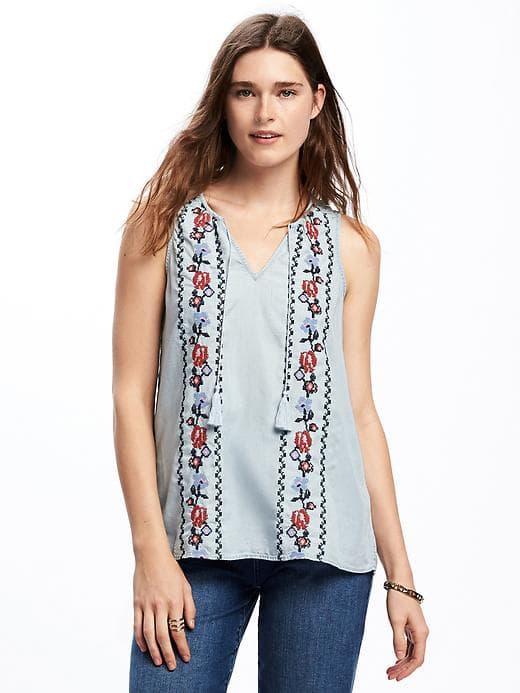 Old Navy Embroidered Tassel Tie Tencel Tank For Women - Pattie Blue