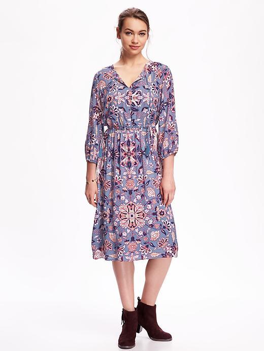 Old Navy Printed Tie Waist Midi Dress For Women - Multi Blue
