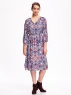 Old Navy Printed Tie Waist Midi Dress For Women - Multi Blue