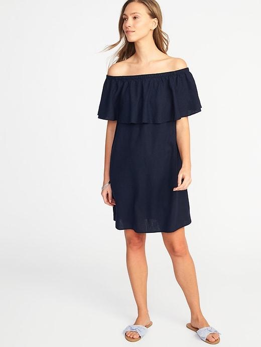 Old Navy Womens Off-the-shoulder Linen-blend Shift Dress For Women In The Navy Size S