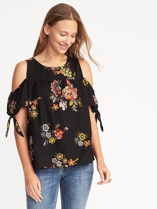 Old Navy Womens Cold-shoulder Tie-sleeve Top For Women Black Floral Size Xl