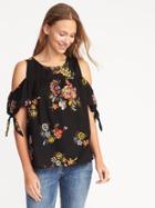 Old Navy Womens Cold-shoulder Tie-sleeve Top For Women Black Floral Size Xl