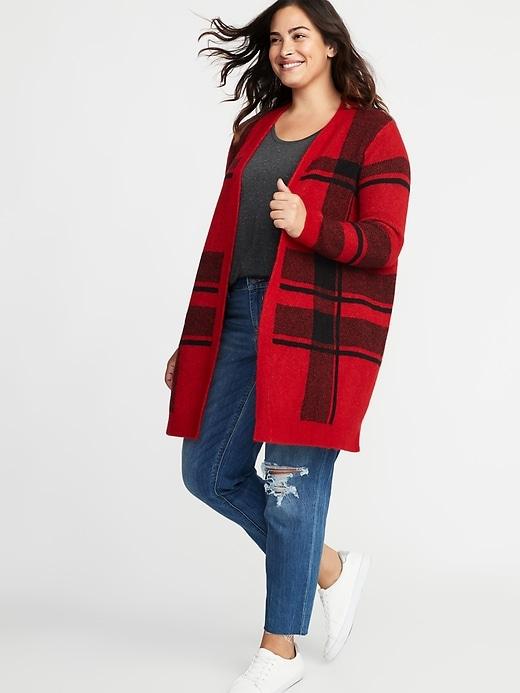 Old Navy Womens Plaid Long-line Open-front Plus-size Sweater Red Size 1x