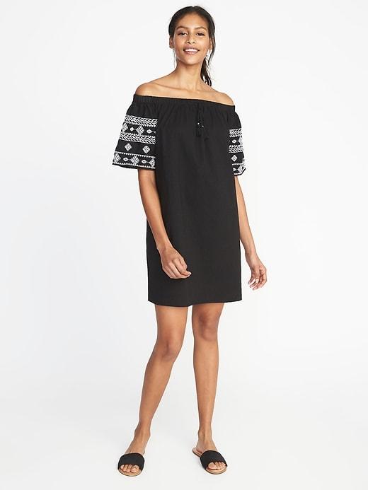 Old Navy Womens Off-the-shoulder Embroidered Chambray Shift Dress Blackjack Size Xs