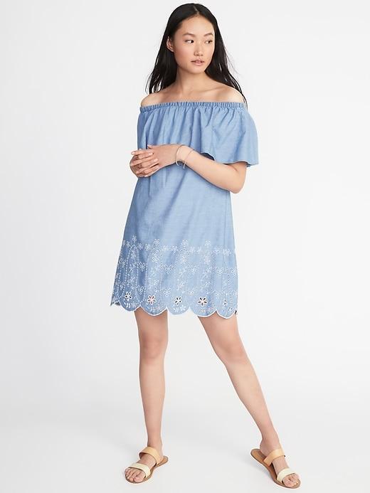 Old Navy Womens Off-the-shoulder Cutwork Shift Dress For Women Blue Size S