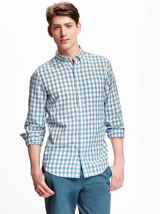Old Navy Slim Fit Linen Blend Plaid Shirt For Men - Snorkeling