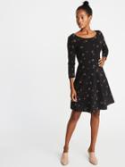 Old Navy Womens Printed 3/4-sleeve Fit & Flare Dress For Women Black Floral Size S