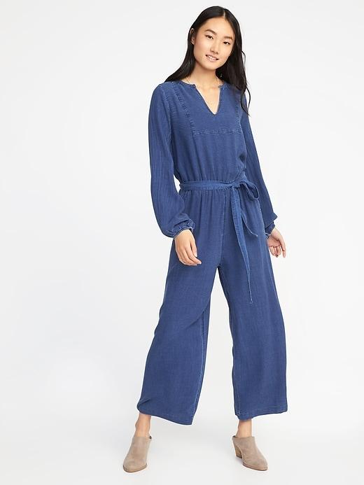 Old Navy Womens Tie-belt Waist-defined Tencel-dobby Jumpsuit For Women Medium Wash Size S