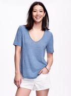 Old Navy Relaxed Hi Lo Linen Blend Tee For Women - Blue Typhoon