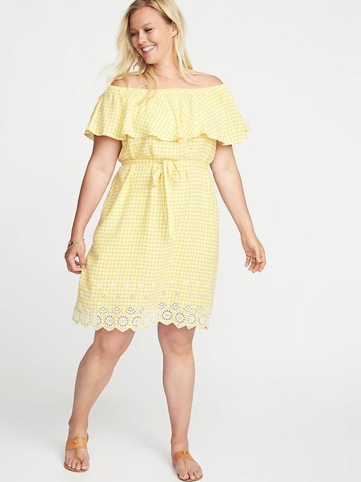 Old Navy Womens Off-the-shoulder Tie-belt Plus-size Shift Dress Yellow Gingham Size 3x