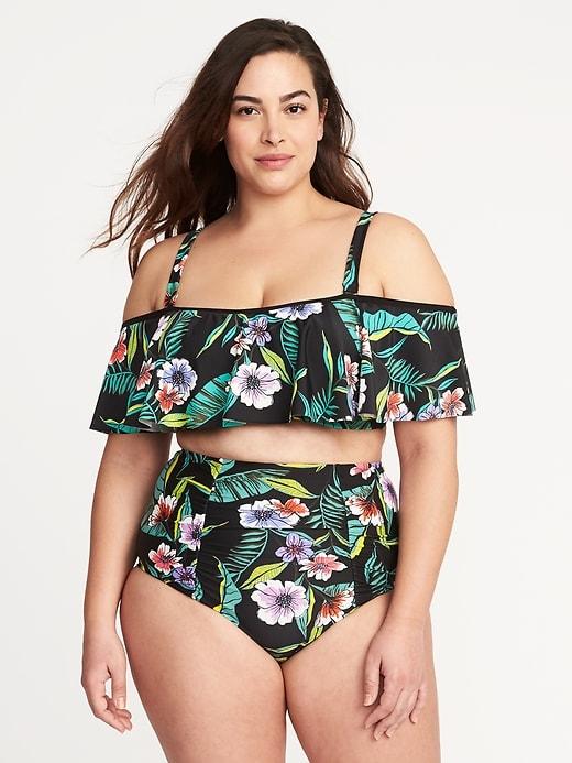 Old Navy Womens Plus-size Ruffled Off-the-shoulder Bandeau Swim Top Black Floral Size 4x