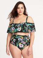 Old Navy Womens Plus-size Ruffled Off-the-shoulder Bandeau Swim Top Black Floral Size 4x