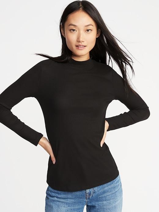 Old Navy Womens Slim-fit Rib-knit Mock-neck Tee For Women Black Size S