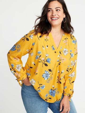 Old Navy Womens Printed Tie-cuff Plus-size Blouse Yellow Floral Size 1x