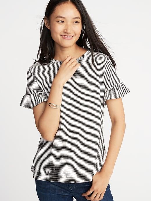 Old Navy Womens Ruffle-sleeve Slub-knit Top For Women O.n. New Black Stripe Size Xs