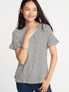 Old Navy Womens Ruffle-sleeve Slub-knit Top For Women O.n. New Black Stripe Size Xs