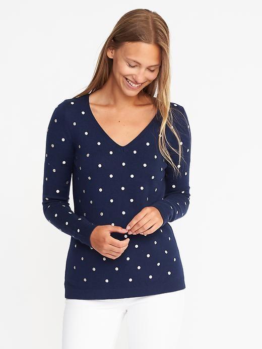 Old Navy Semi Fitted Metallic Dot V Neck Sweater For Women - Navy Dots
